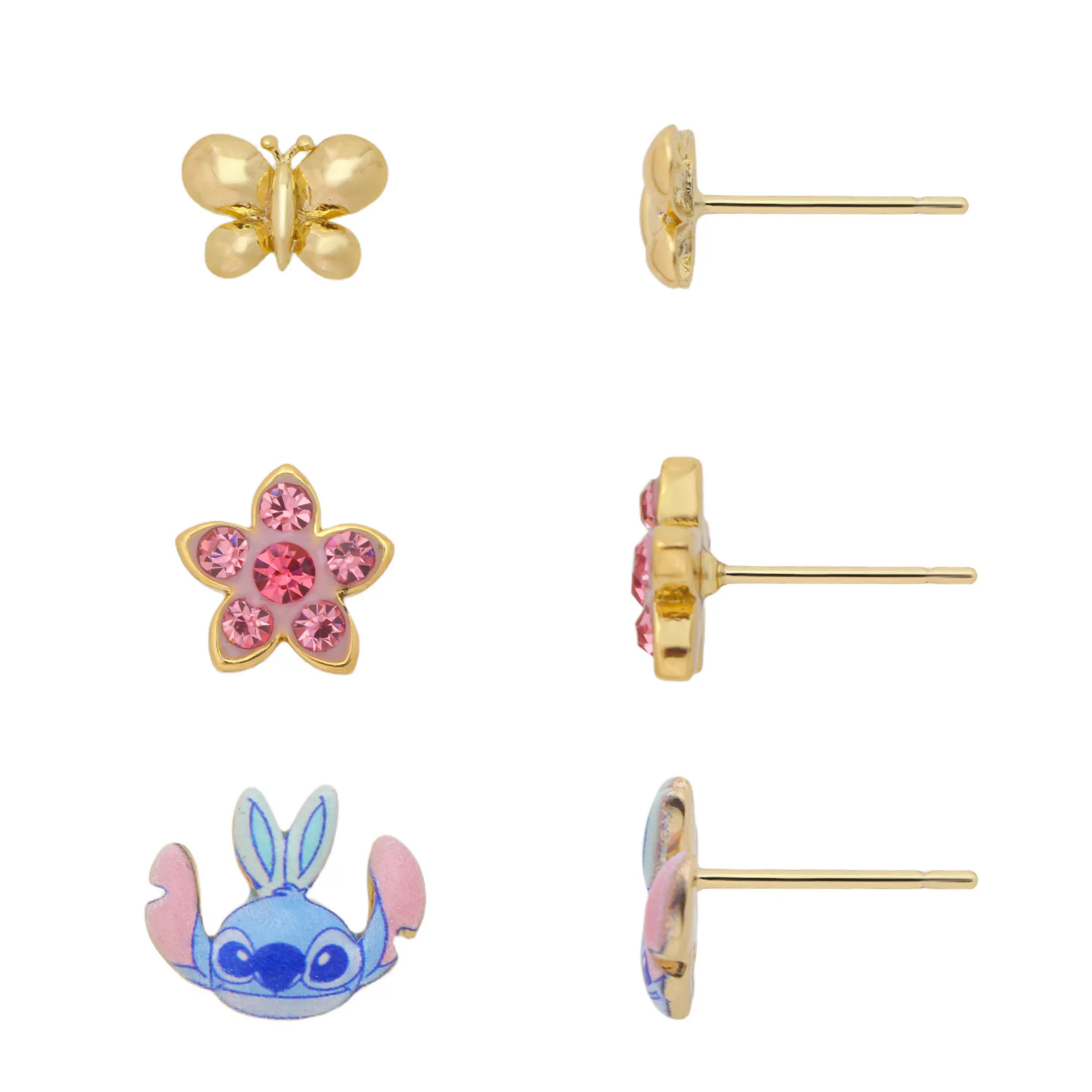 Disney's Lilo & Stitch 14k Gold Flash Plated Butterfly, Crystal Flower & Stitch Earring Set | Kohl's