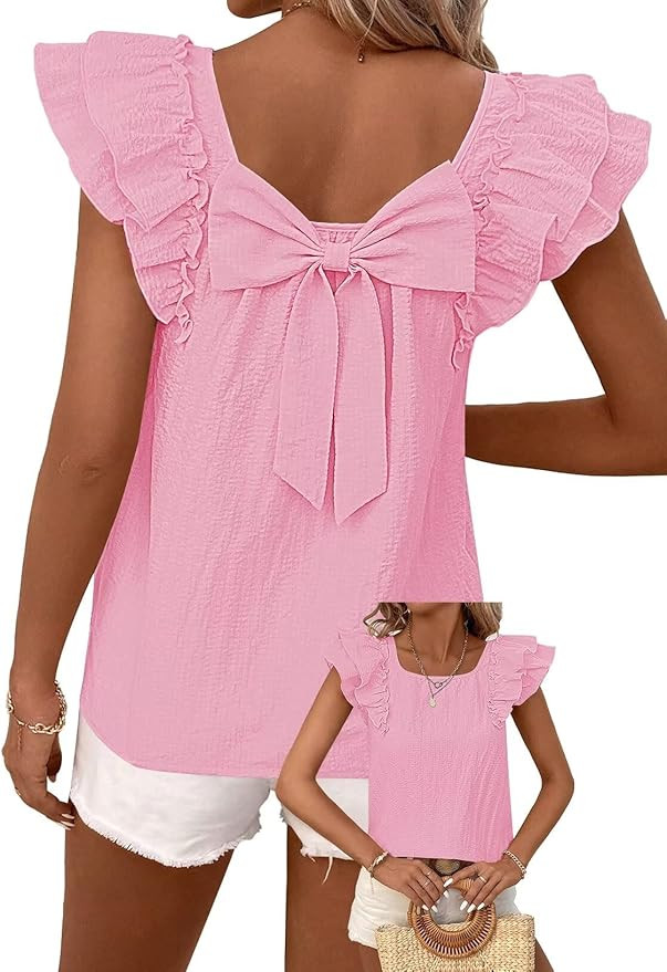 Womens Bow Tie Back Tops Round Neck Ruffle Short Sleeve Shirts Cute Babydoll Chiffon Tee Women Su... | Amazon (US)