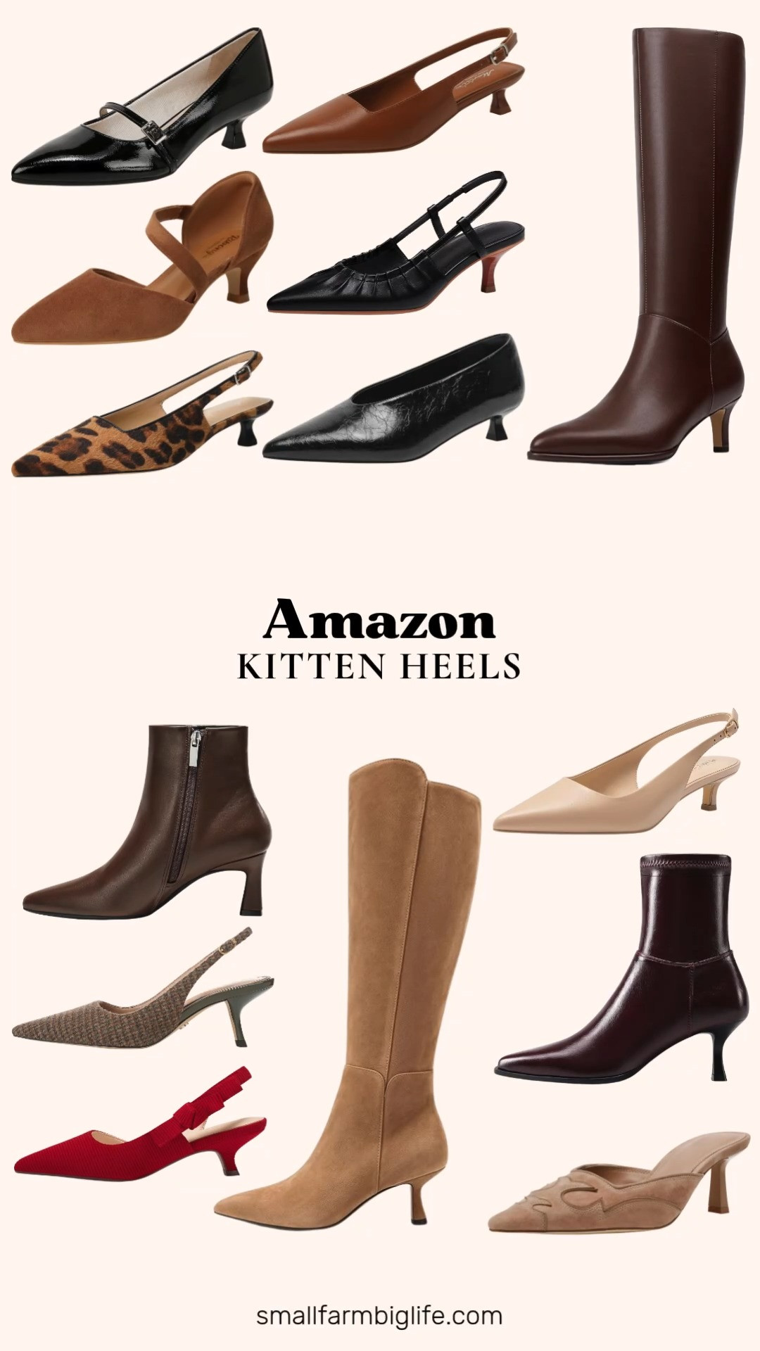 Kitten heels are having such a moment right now and I have rounded up all my favorites from Amazon for you.

For boots, the coffee brown Knee High Kitten Heel Boots are such a comfortable, low heel option for autumn outfits, and the suede light brown Coutgo Knee High Boots have that same easy low heel with a dressy side zipper finish. If you want an ankle boot instead, the burgundy DREAM PAIRS Pointed Toe Ankle Boots and the chocolate brown Coutgo Ankle Boots both have such a vintage, put together look.

On the pump side, the classic black Pointed Closed Toe Kitten Heels are a great business casual workwear staple, and I love them in leopard and cognac brown too if you want a little more personality. The nude beige Slingback Kitten Heels and the taupe Kitten Heel Mules are both so versatile for date night outfits, while the black patent LifeStride Mary Jane Pump has such a classic, polished shape.

For something dressier, the burgundy and red Coutgo Slingback Kitten Heels both have such a feminine, dressy feel that would work beautifully for fall wedding guest dresses, and the brown suede RIBONGZ Kitten Heels are soft and comfortable enough for a long day of bridal party wear. The brown plaid multi Sam Edelman Bianka Slingback Pumps round things out with a fun printed detail.

So many comfortable, low heel options to shop this season, all linked for you.

#kittenheels #fallfashion #falloutfits #businesscasual #fallweddingguest 

 #LTKootd #LTKOver40 #LTKWorkwear
