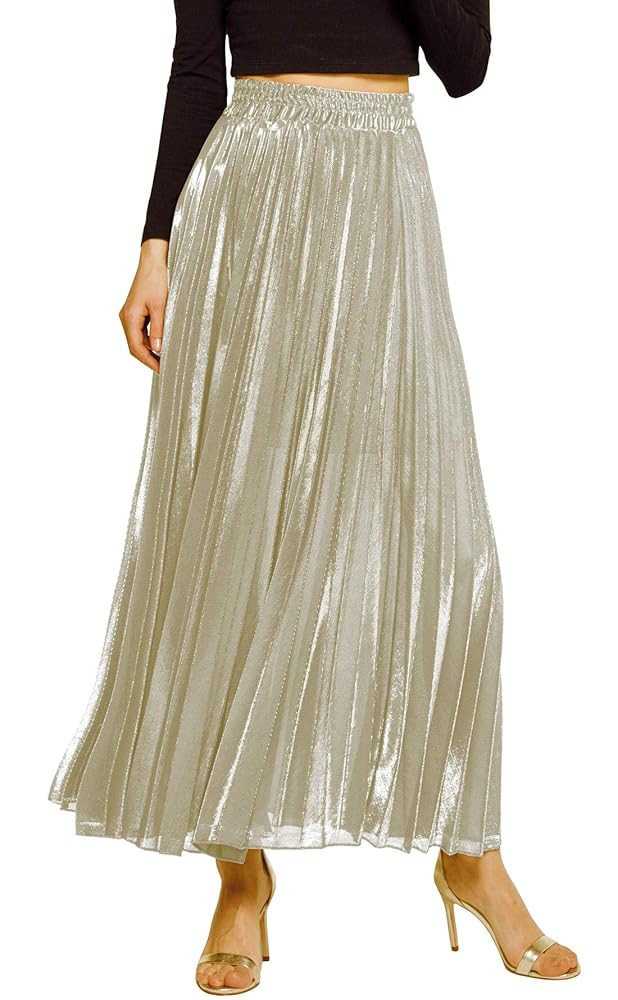 CHARTOU Women's Premium Metallic Shiny Shimmer Accordion Pleated Long Maxi Skirt | Amazon (US)