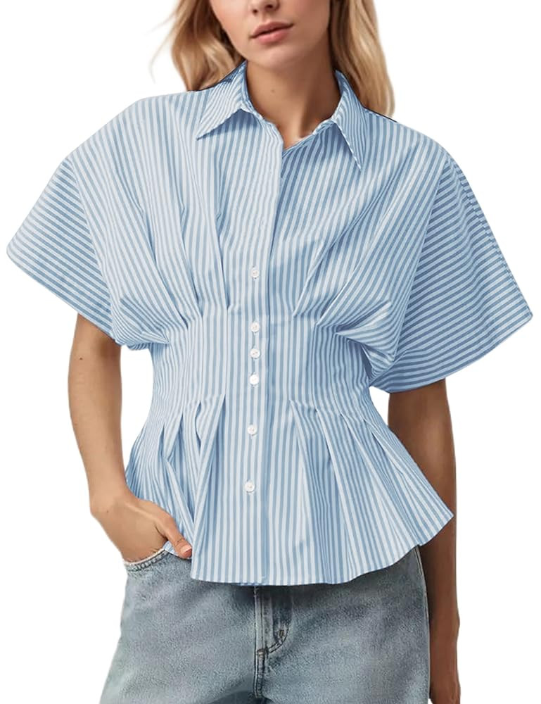 Women Striped Button Pleated Shirts Short Sleeve Summer Casual Peplum Blouse | Amazon (US)