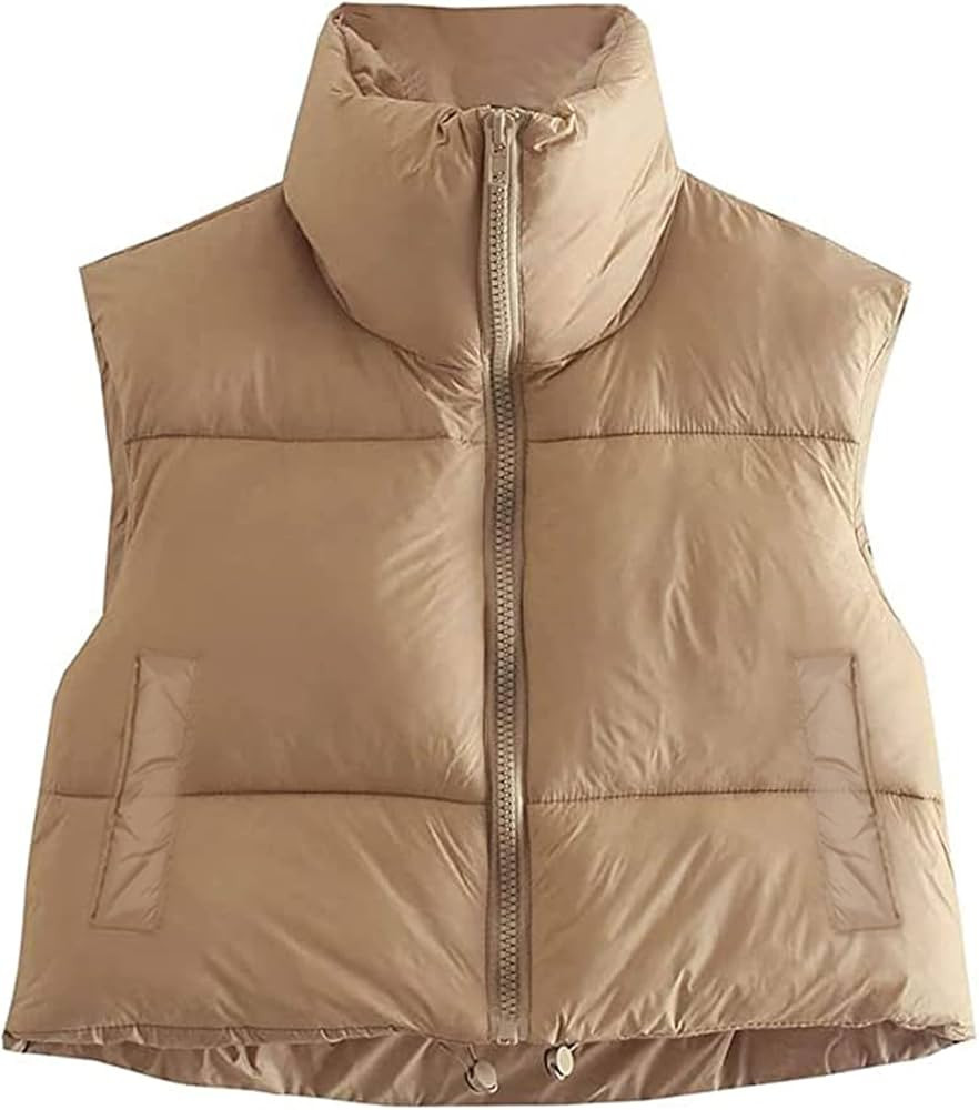 Women Winter Warm Solid Color Crop Waistcoat Sleeveless Lightweight Stand Collar Double Sided Jacket | Amazon (US)