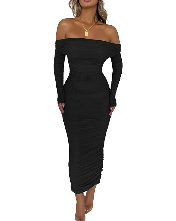 PRETTYGARDEN Women's Fall Off Shoulder Maxi Bodycon Dress Long Sleeve Ruched Fitted Club Dresses ... | Amazon (US)