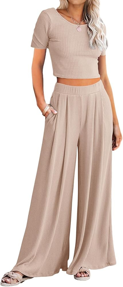BTFBM Women Summer 2024 Two Piece Casual Outfits Lounge Set Ribbed Knit Bodycon Crop Top Long Pan... | Amazon (US)