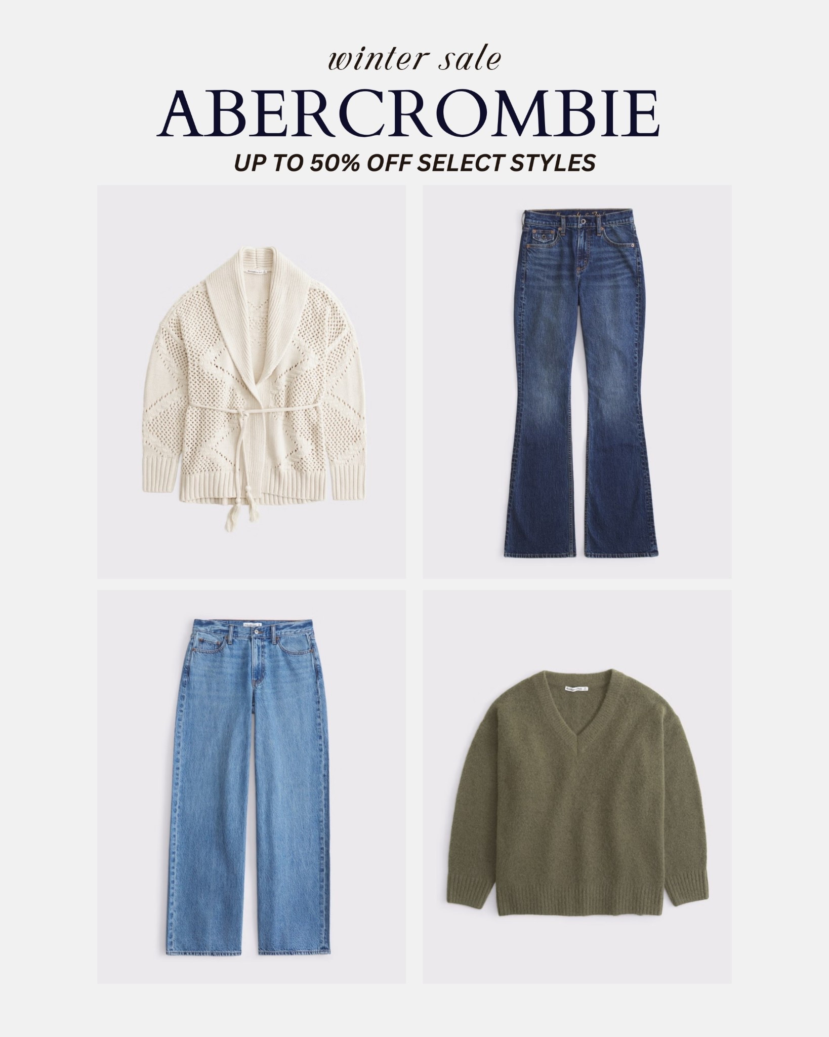 [1/9/26] Abercrombie winter sale! Up to 50% off select styles | my most loved denim styles (24 short) + sweaters (xs) are included in select colors 

[Offer valid online only 1/9/2026-1/18/2026 in US/CA. Offer applies to select styles as indicated. Online price reflects discount.]

#LTKFindsUnder100 #LTKSaleAlert #LTKPetite