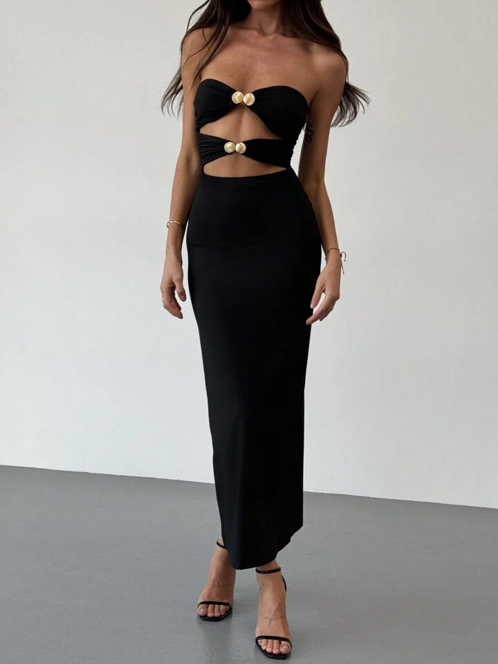 Aloruh Elegant Minimalist Black Hollow Out Long Bodycon Slip Dress With Metal Buckle Decor For Women, Spring Summer Cut Out Dressblack Sexy Dressboob Tube Dressblack Two Piece Set,Summer Dresses For Women | SHEIN