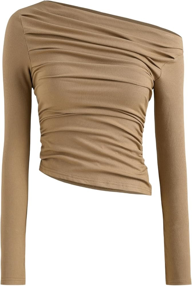 CIDER Women's Asymmetrical Top Off The Shouler Long Sleeve Shirts Ruched Going Out Crop Tops | Amazon (US)