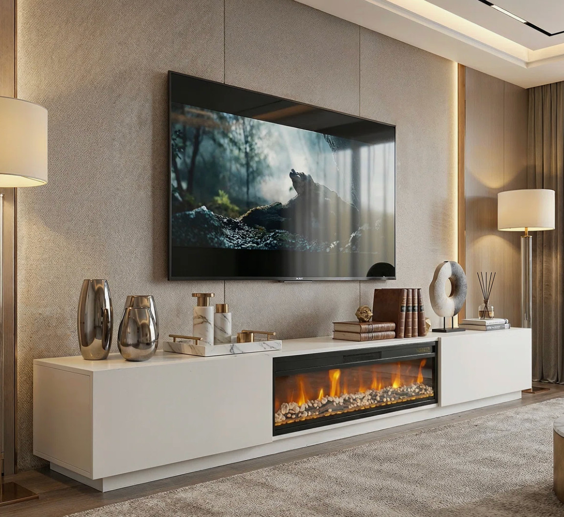 Upgrade your living room with this 109” TV stand media console featuring a built-in electric fireplace heater and sleek modern design. With two spacious drawers for storage and a wide surface for large TVs, this piece combines function, warmth, and style in one statement.

Perfect for cozy nights, movie setups, and elevated living room decor, the fireplace adds ambiance while keeping your space inviting and stylish. A must-have for modern, neutral, and luxury-inspired homes. 

 #LTKmomlife #LTKOver40 #LTKHome