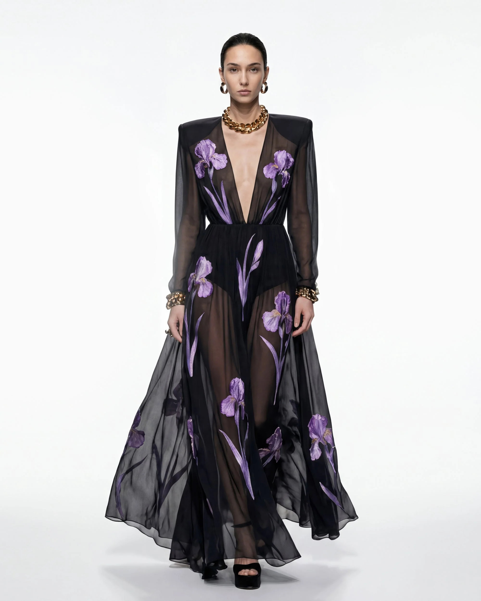 Iris Floral Print Long-Sleeve Sheer Gown - Black/Purple | JW PEI US