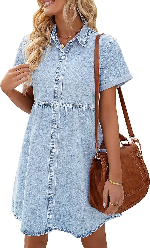 Utyful Denim Dress for Women Summer Dress Short Sleeve Button Down Tiered Babydoll Denim Jean Dre... | Amazon (US)