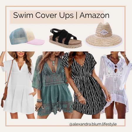 Swimsuit cover ups from Amazon!! Short mini dresses, straw beach hat and trucker baseball hat, and strap sandals! Beach vacation outfits and resort wear!

#LTKtravel #LTKswim #LTKunder50