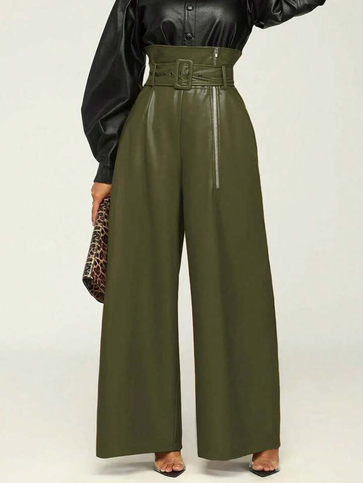 INAWLY Women's Slim-Fit Fashion PU Leather Long Pants, Spring/Summer | SHEIN