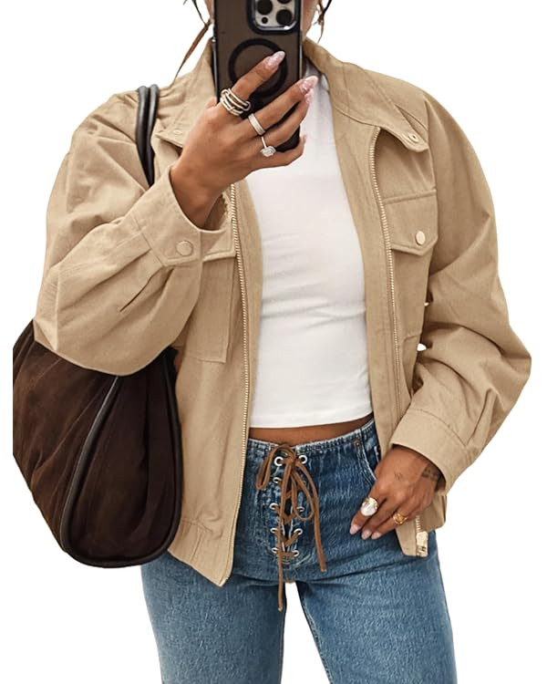 Twill Bomber Jacket Women Lapel Long Sleeve Collar Zipper Cotton Trendy Streetwear Outerwear Coat... | Amazon (US)