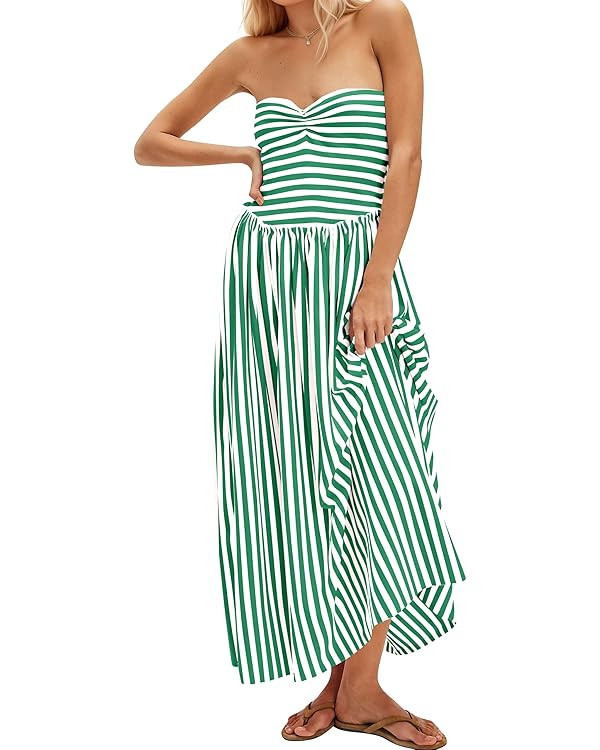 Women Striped Strapless Flowy Maxi Dress Backless Patchwork Tube Top Dress Summer Party Formal Lo... | Amazon (US)