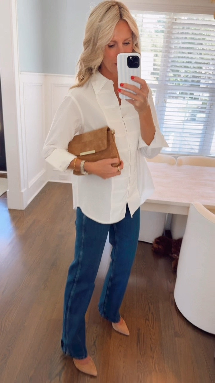 Mint Velvet is SO good right now! This knotted white button-up puts such a fun twist on a classic, and I love these high-waisted bootcut jeans—stretchy, flattering + available in short, regular & long lengths. I’m wearing the long at 5’9” and would size down! Finished it with the prettiest suede bag 🤎 @mintvelvet 

Mint Velvet, fall outfit, bootcut jeans, dark wash denim, white button-up, suede bag, fall fashion, fall trends

#LTKgrwm #LTKmomlife #LTKSeasonal