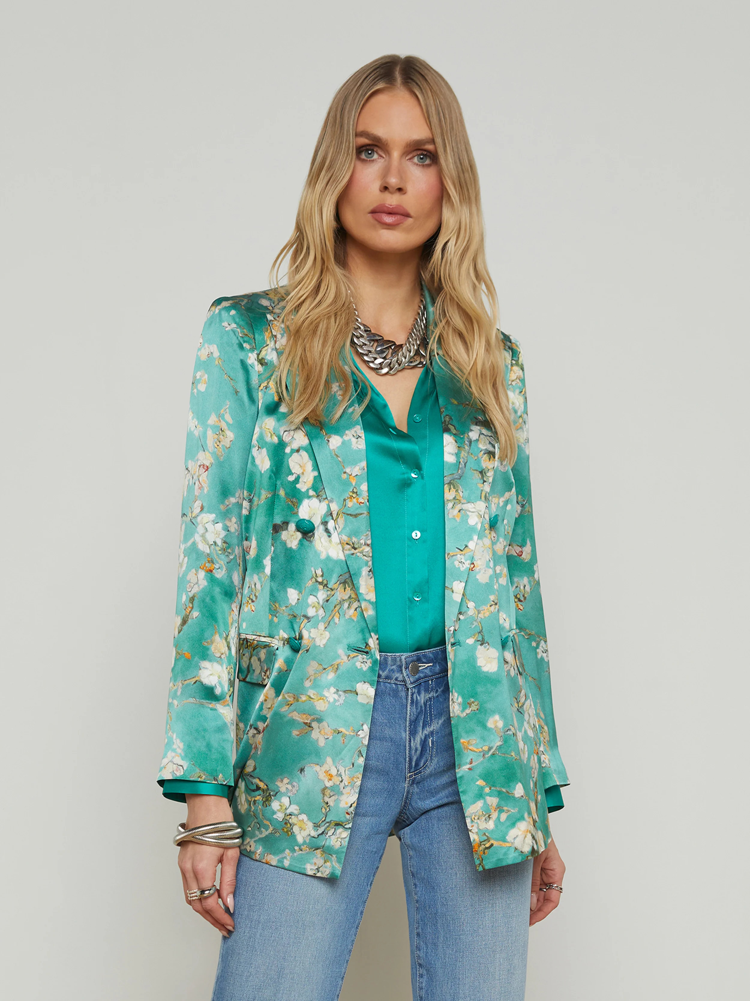 L'AGENCE - Taryn Blazer in Teal Multi Watercolor Cherry Blossom | L'Agence