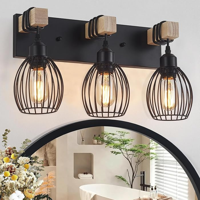 3-Light Farmhouse Vanity Light for Bathroom, Wood Wall Sconce with Elegant Teardrop Cage, Industr... | Amazon (US)