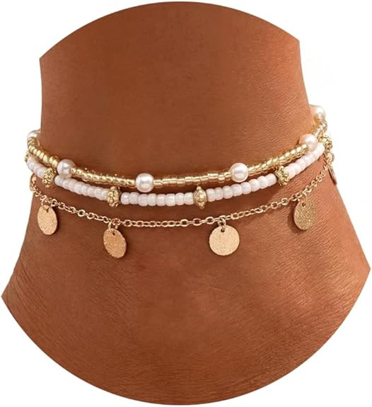 Shell Ankle Bracelet Set for Women, Gold Plated Boho Bead Adjustable Anklet, Hawaiian Beach Seash... | Amazon (US)