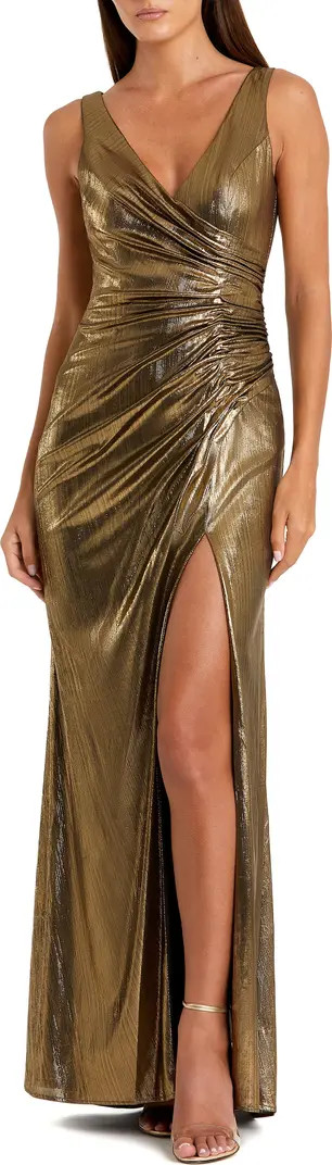 Mac Duggal Metallic Jersey Dress with Ruched Bodice and V-Neck | Nordstrom | Nordstrom