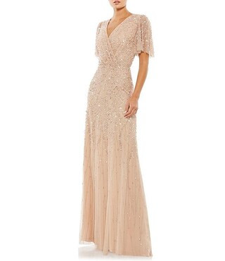 Mac Duggal Flutter Short Sleeve Surplice V-Neck Beaded Sheath Gown | Dillard's | Dillard's