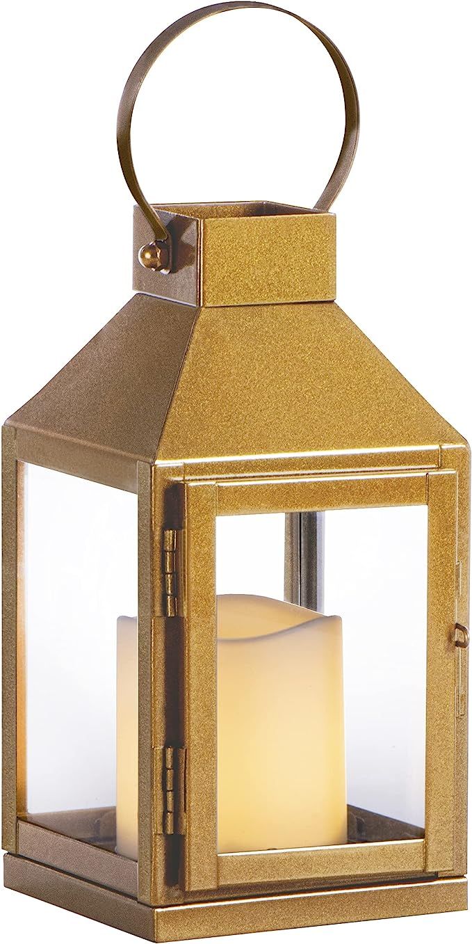 Sterno Home Hanging Modern Farmhouse LED Light Flameless Candle Lantern, 8.0", Gold | Amazon (US)