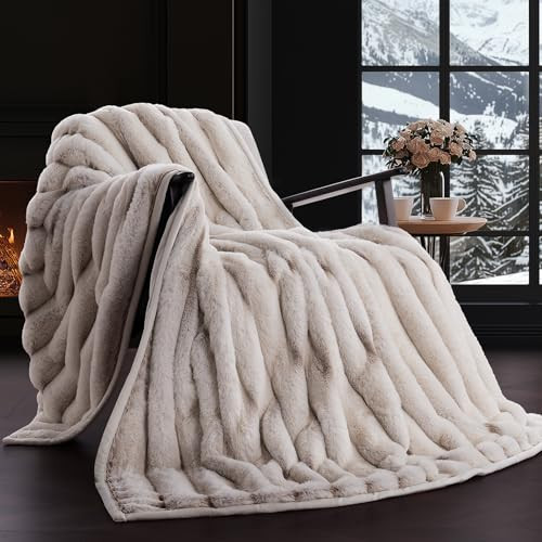 EVERGRACE Soft Luxury Faux Rabbit Fur Throw Blanket for Couch, Cozy Fluffy Channel Throw Blanket for Bed, Fuzzy Warm Thick Mink Blanket with Reversible Plush Velvet for Winter, Beige, 60"x80", 820GSM | Amazon (US)
