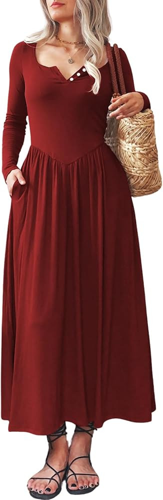 Long Sleeves Maxi Dress for Women A Line 2024 V Neck Casual Button Boho Tshirt Long Dress with Po... | Amazon (US)