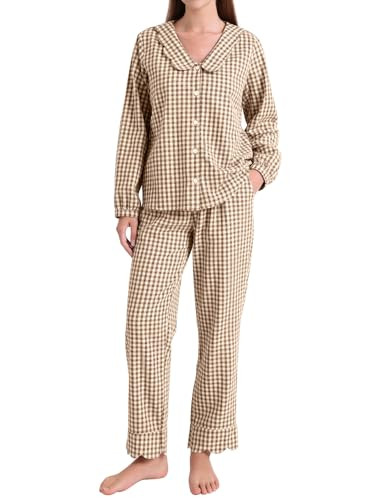 PEHMEA Women's Plaid Pajamas Set 2 Piece Cotton Gingham Sleepwear Puff Sleeve Scalloped Babydoll ... | Amazon (US)