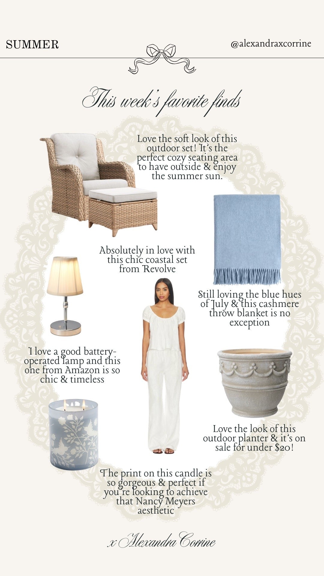 This week’s favorite finds 🤍 My favorite finds from this past week: the Nancy Meyers summer aesthetic edit 🧺☁️

Nancy Meyers home aesthetic, blue summer, summer finds, chic coastal granddaughter, outdoor home decor, linen loungewear

#LTKSeasonal #LTKHome