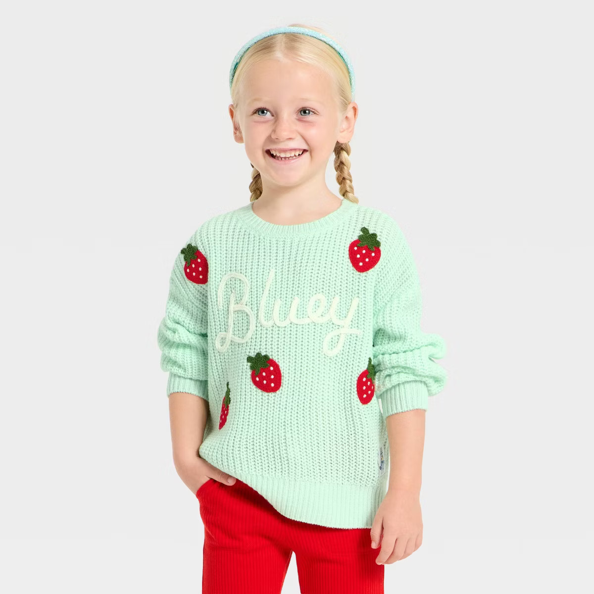 Toddler Girls' Bluey Strawberry Chunky Knit Sweater - Mint Green | Target
