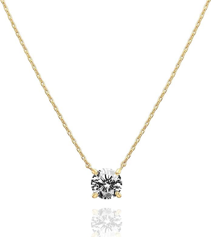 14K Gold Plated Swarovski Crystal Solitaire 1.5 Carat (7.3mm) CZ Dainty Choker Necklace | Gold Ne... | Amazon (US)