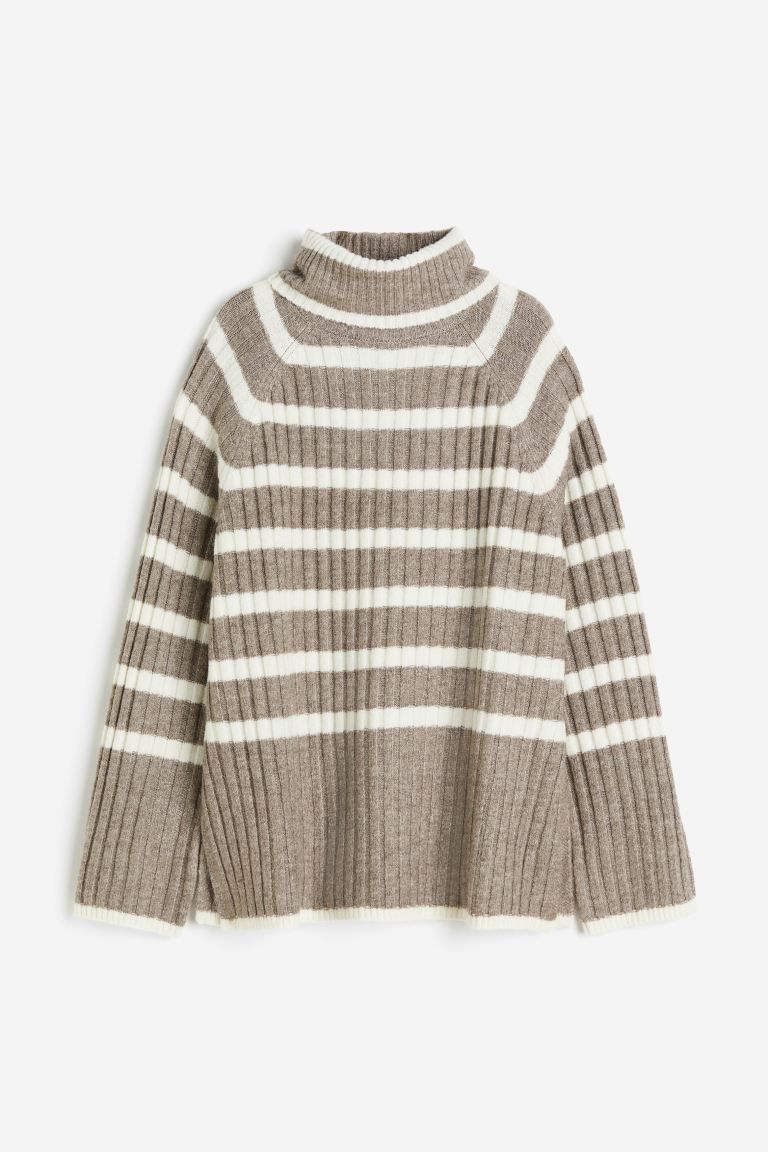 Rib-knit Turtleneck Sweater - Dark beige/striped - Ladies | H&M US | H&M (US + CA)