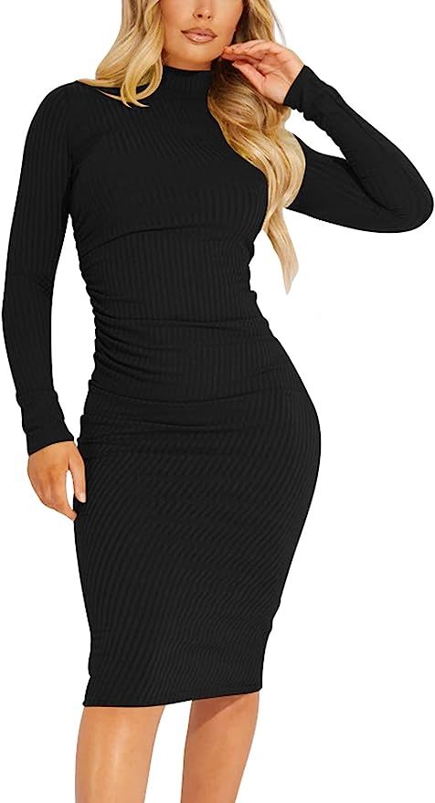 Kaximil Women's Ribbed Basic Casual Midi Dress Long Sleeve Bodycon Ruched Club Dresses | Amazon (US)