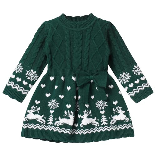 IBTOM CASTLE Ugly Christmas Sweater Dress for Girls Xmas Sweater Dress Baby Girls Knitted Long Sleeve Christmas Dress Bowknot Jumper Dress Fall Winter Photoshoot Party Green 9-12 Months | Amazon (US)