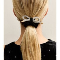 Black Velvet Silver Diamante Bow Scrunchie New Look | New Look (UK)