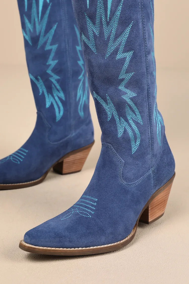 Thunder Road Blue Suede Leather Knee-High Western Boots | Lulus
