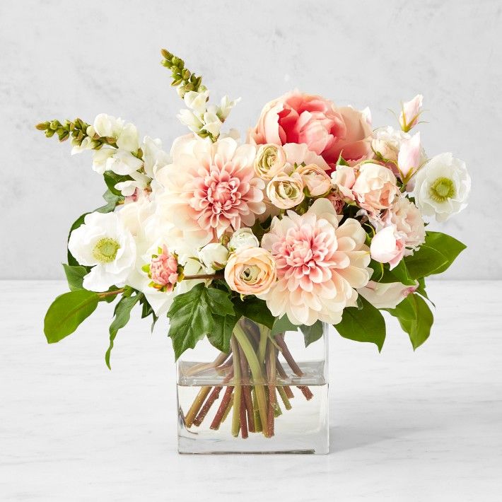 Faux Peach Spring Floral Arrangement, Rectangular Vase | Williams-Sonoma