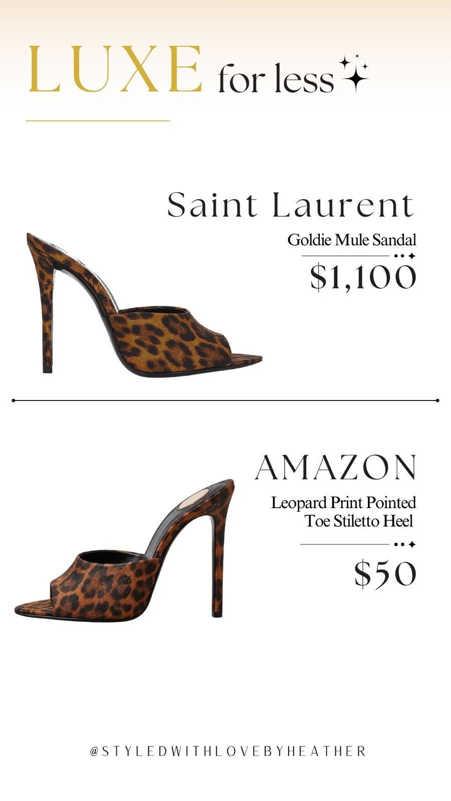 Leopard print is officially back—and this pair is making a statement. 🤎✨

If you've been eyeing the Saint Laurent Goldie Mule Sandals, I found an Amazon version that delivers the same bold designer look without the luxury price tag.

They're perfect for date nights, girls' nights out, vacations, or instantly elevating a simple jeans-and-tee outfit.

Why spend $1,100 when you can get the look for just $50? Follow for more!

 

 #LTKootd #LTKstorytime #LTKSaleAlert