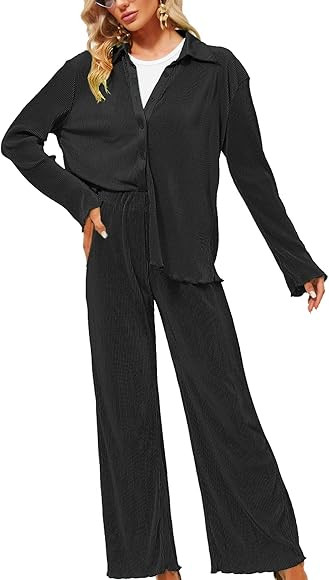 Feazac Womens Casual 2pcs Outfits - Long Sleeve Button Blouse Top Wide Leg Loose Streetwear Loung... | Amazon (CA)