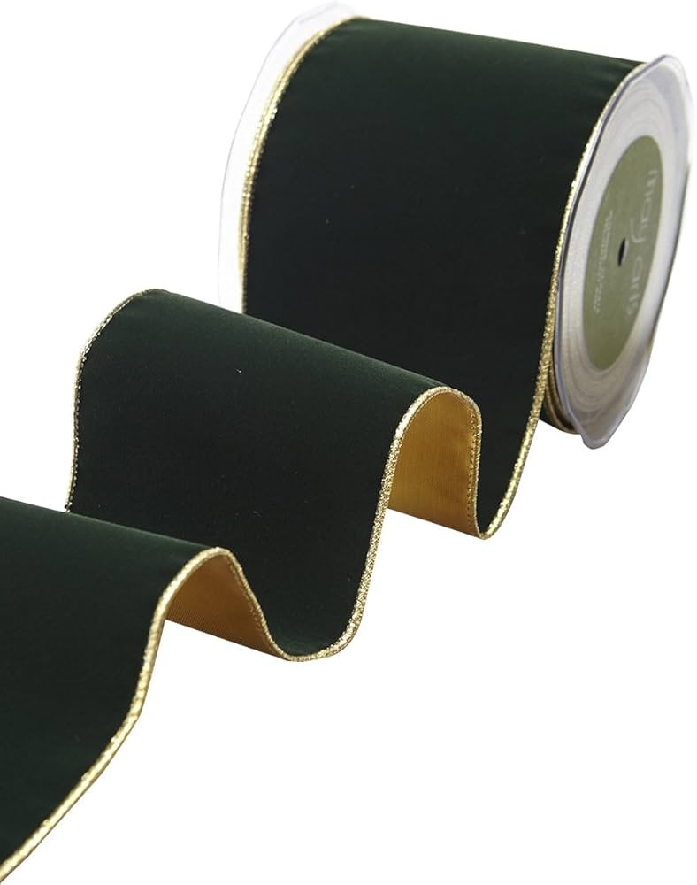 May Arts Green 4 Inch Velvet Ribbon with Gold Backing, 10 yd | Amazon (US)