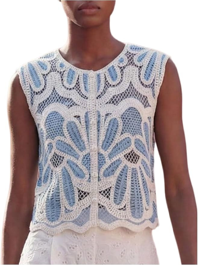 Verdusa Women's Floral Sweaters Button Down Crew Neck Hollow Out Crochet Tops | Amazon (US)