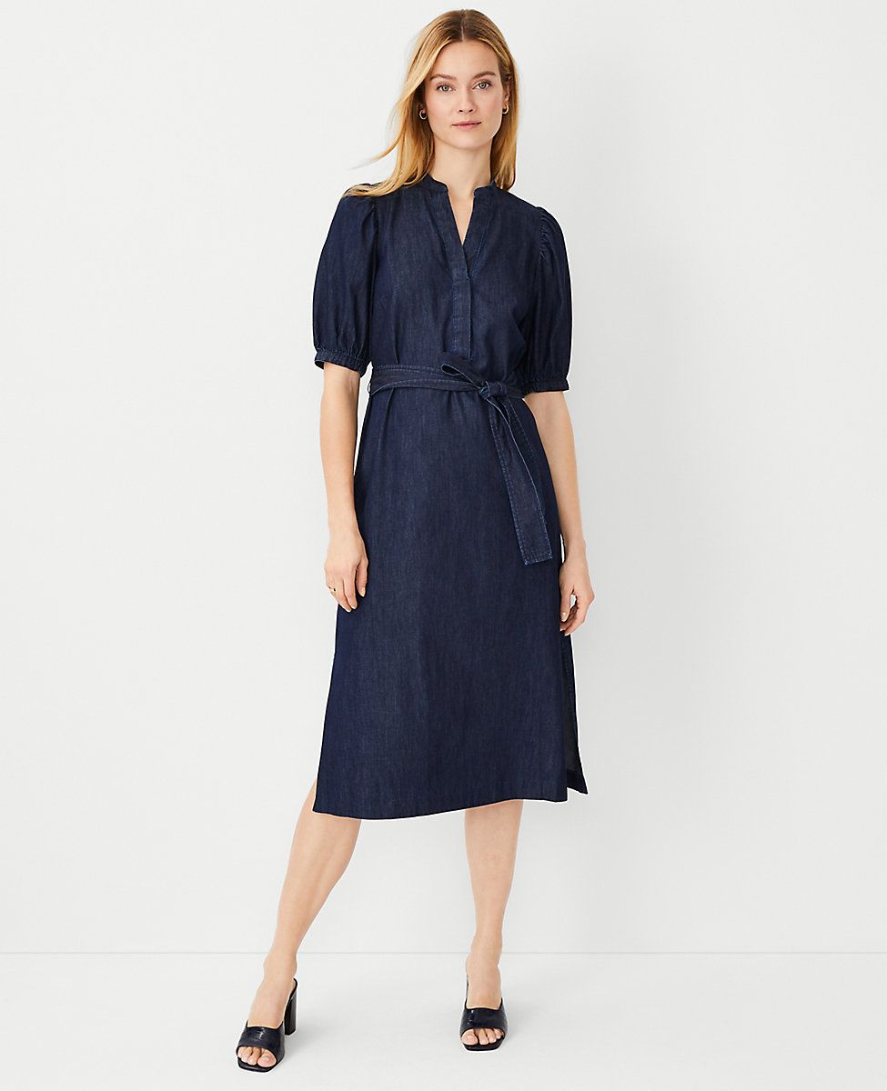 Chambray Puff Sleeve Belted Shirtdress | Ann Taylor (US)