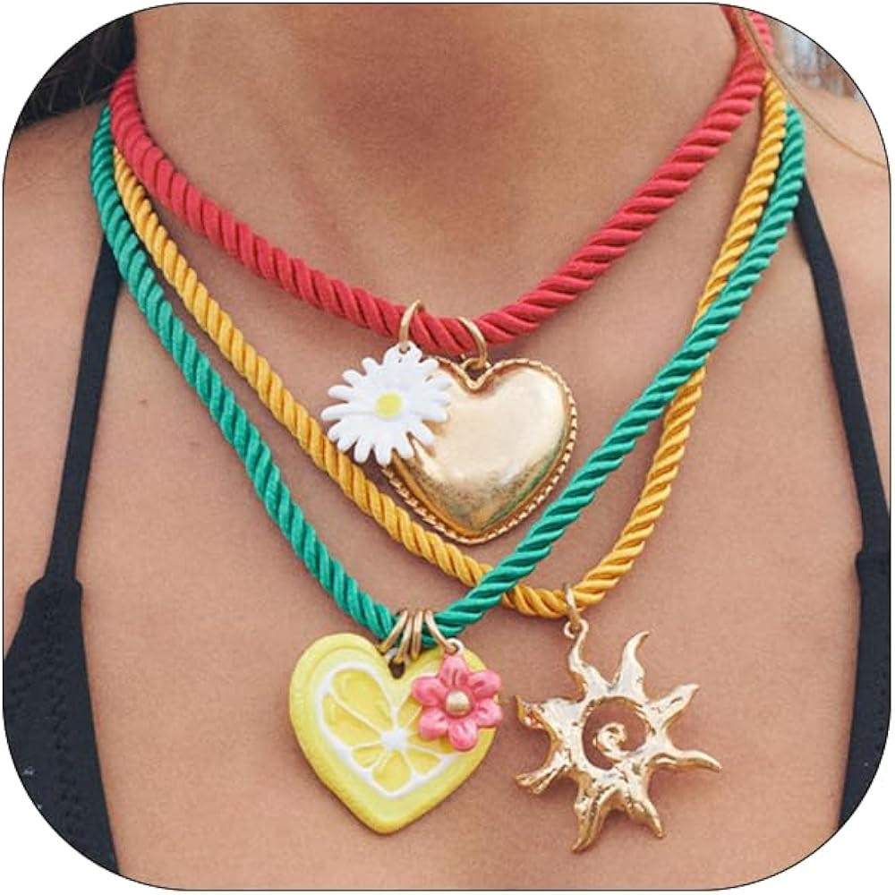 Boho Beach Layered Necklace For Women Summer Colorful Rope Cords Dopamine Heart Sun Daisy Pendant... | Amazon (US)