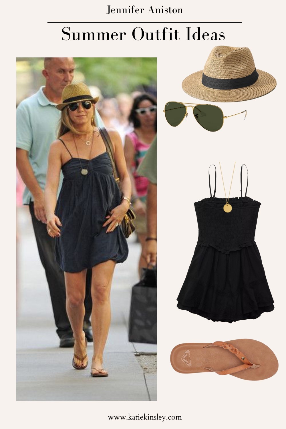 Jennifer Aniston wearing a black sundress, aviator sunglasses, Panama hat and braided sandals

#LTKStyleTip