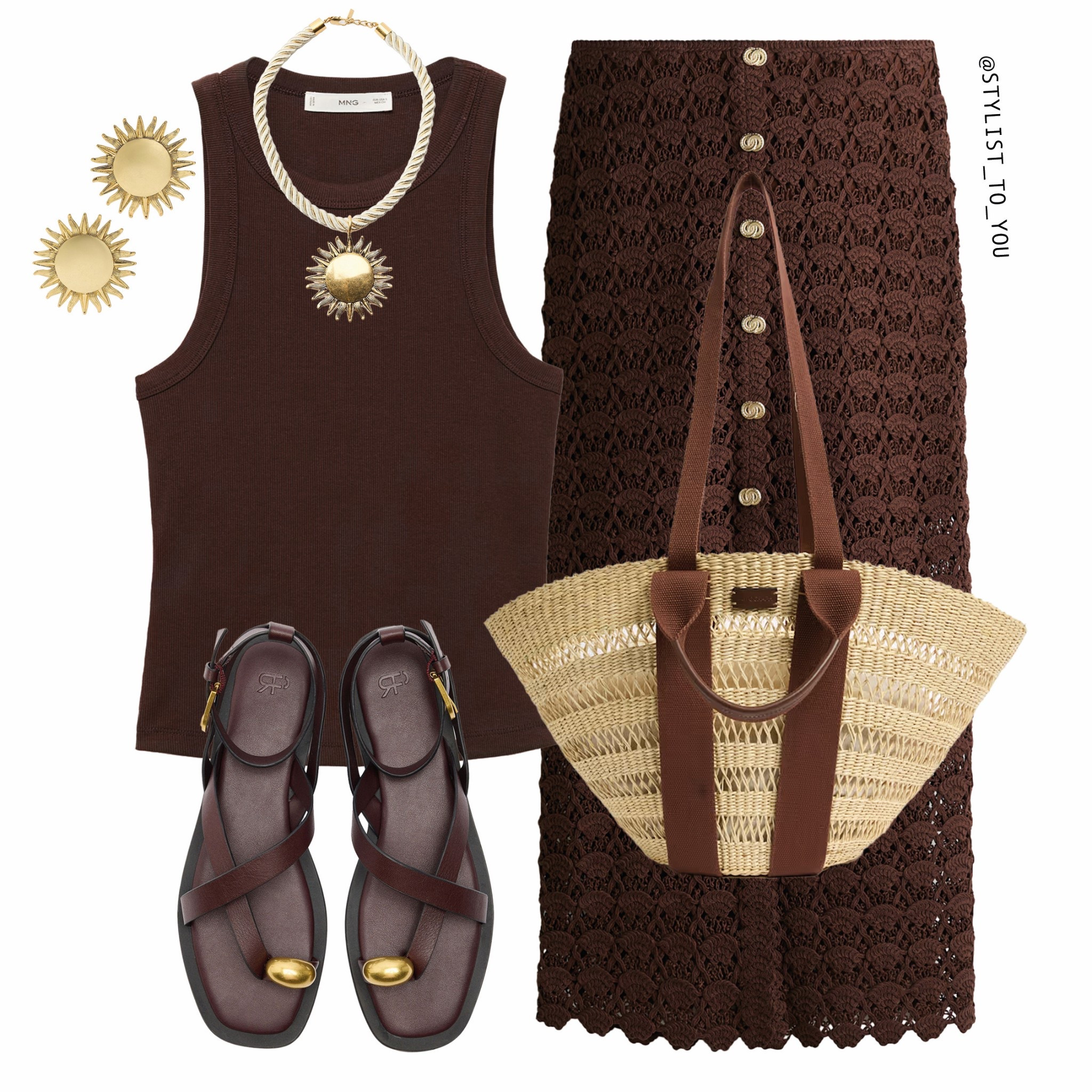 Summer crochet 🥥🐚

Flat lay of a monochrome brown outfit with a ribbed tank top, matching buttoned crochet midi skirt, dark brown sandals with gold toe ring accents, a man m&s structured woven straw bag with brown straps, gold sunburst earrings, and a gold rope sun necklace. crochet co-ord, brown outfit, monochrome fashion, summer crochet, knit skirt, earthy outfit, warm tones, gold jewelry, straw handbag, resort style, flat lay fashion, outfit inspo, summer chic, spring to summer look, woven accessories, coastal grandma, luxe boho, brown aesthetic, golden hour outfit, slow style, neutral glam, trendy set, statement earrings, minimal jewellery, stylish essentials, vacation ready, warm weather fashion, sustainable vibe, chic texture, elegant neutrals, curated outfit, straw tote, fashion duo, matching set, outfit goals, resort lookbook, weekend style, minimal aesthetic, boho luxe, sun-ready fashion, modern summer.

#LTKuk #LTKspring #LTKsummer