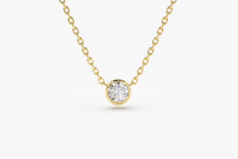 Diamond Solitaire Necklace/ 14k Gold 0.08 Ct. Dainty Diamond Bezel Set Necklace / Delicate Diamon... | Etsy (US)