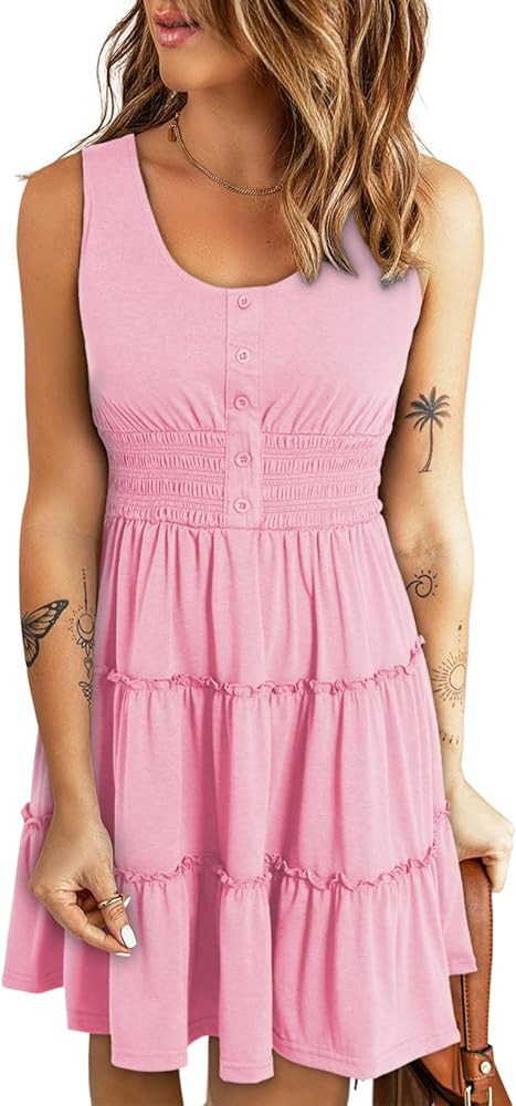 Dokotoo Womens Summer Dresses 2024 Sleeveless Button Down Smocked Elastic Waist Ruffle Tiered Cas... | Amazon (US)