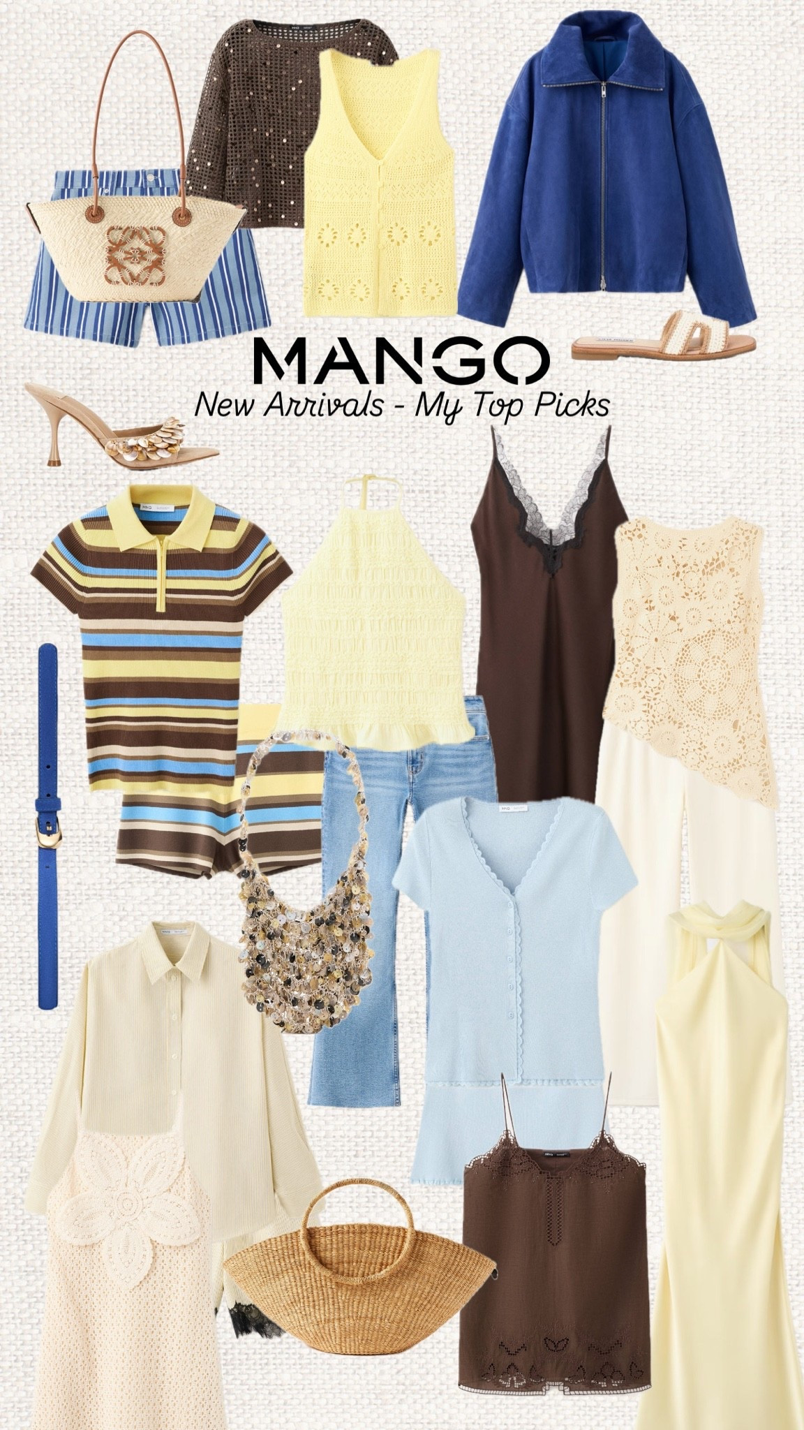 The combination of butter yellow, chocolate brown and soft blue feels so fresh for summer!! Love this edit 🫶🏼💙💛💫✨

Like this post to save it to your favourite folder and come back later to shop.

butter yellow, chocolate brown, mango new arrivals, crochet fashion, summer outfit ideas, woven bag, raffia accessories, striped shorts, striped polo top, satin dress, lace trim dress, denim styling, european summer style, holiday wardrobe, resort wear, capsule wardrobe, elevated basics, chic summer outfits, coastal style, mango fashion

#LTKsummer #LTKstyletip #LTKdresses