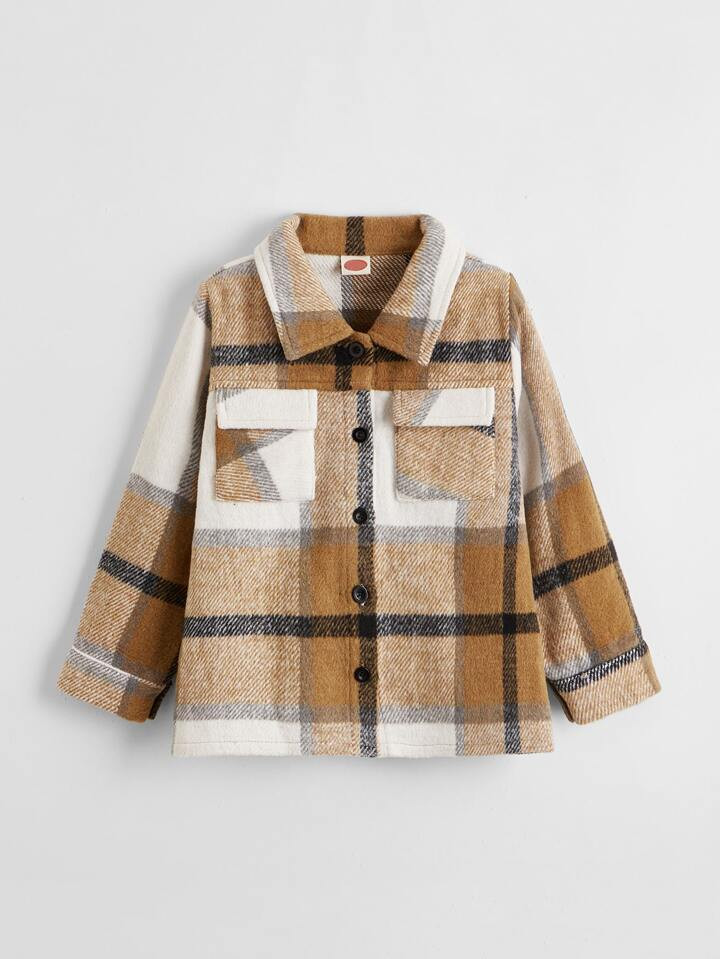SHEIN Toddler Girls Plaid Flap Pockets Overcoat | SHEIN
