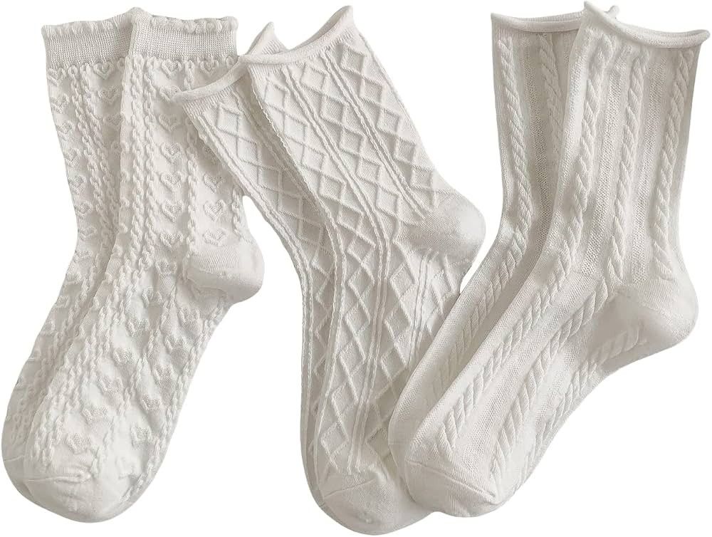 OYOANGLE Women's 3 Pairs Cable Knit Casual Crew Socks Stretchy Solid Simple Socks | Amazon (US)